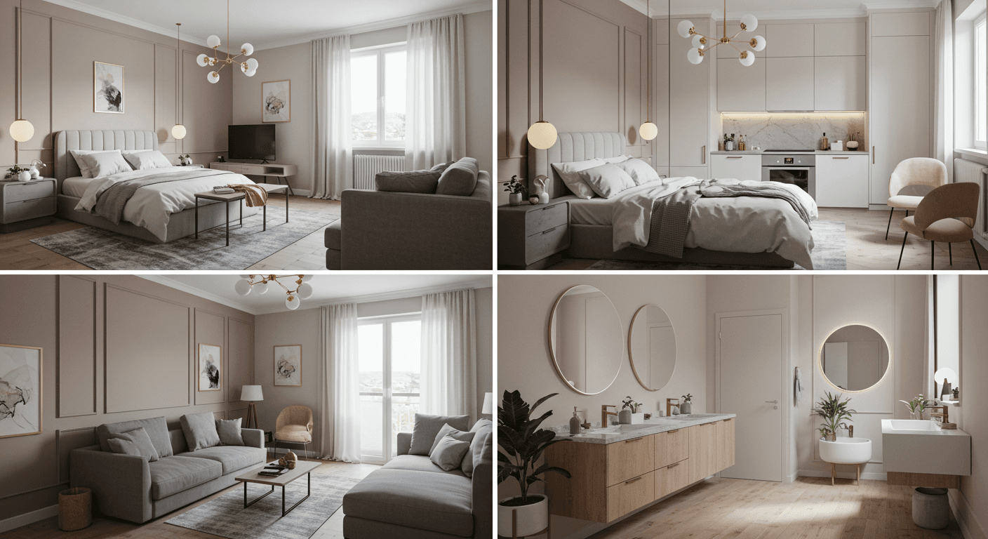 AI room design app transforming living room, bedroom, kitchen, and bathroom spaces