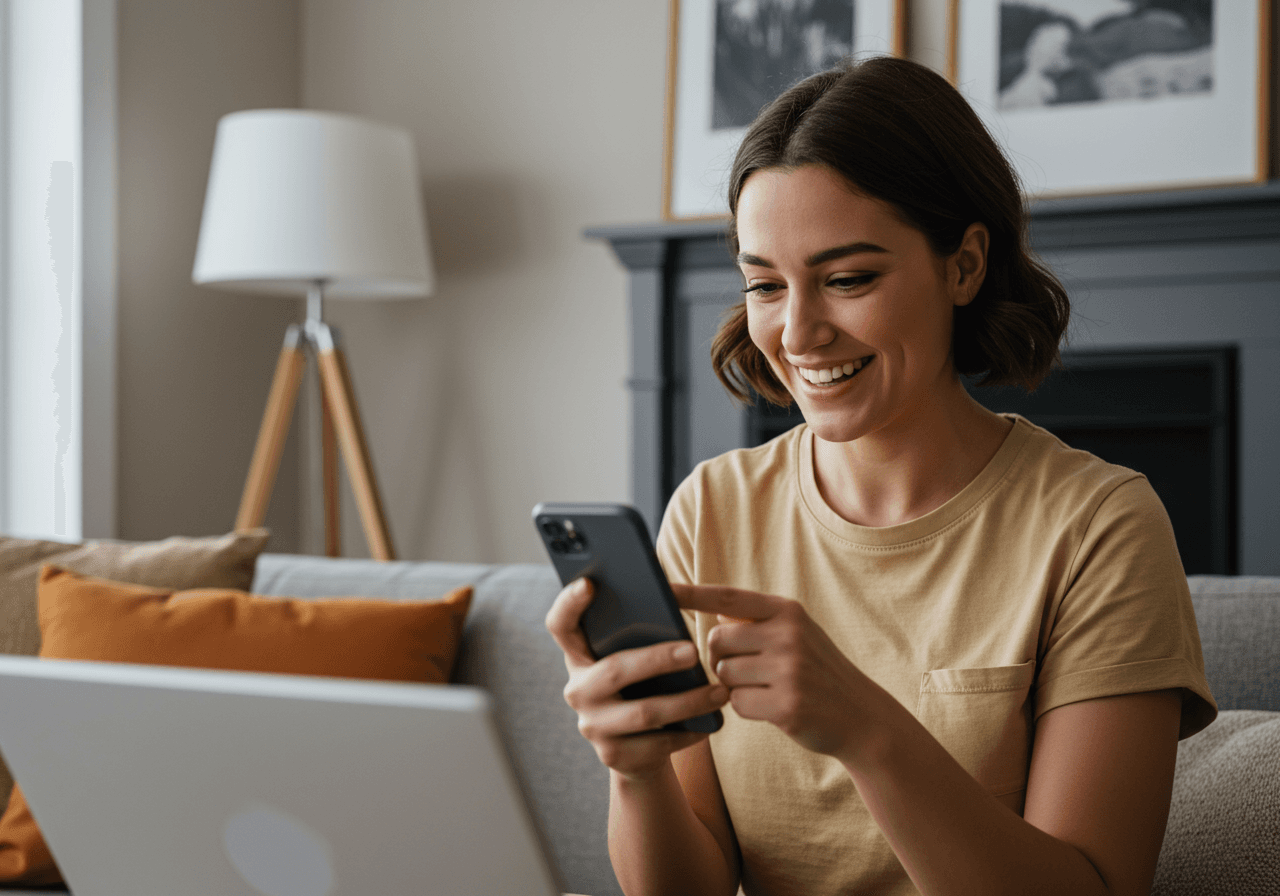 Happy woman using AI home design app on smartphone to redesign her living room